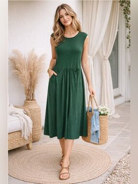 FP Free People Beach Green Dress With Pockets Women's Size XS Scoop Neckline 54"
